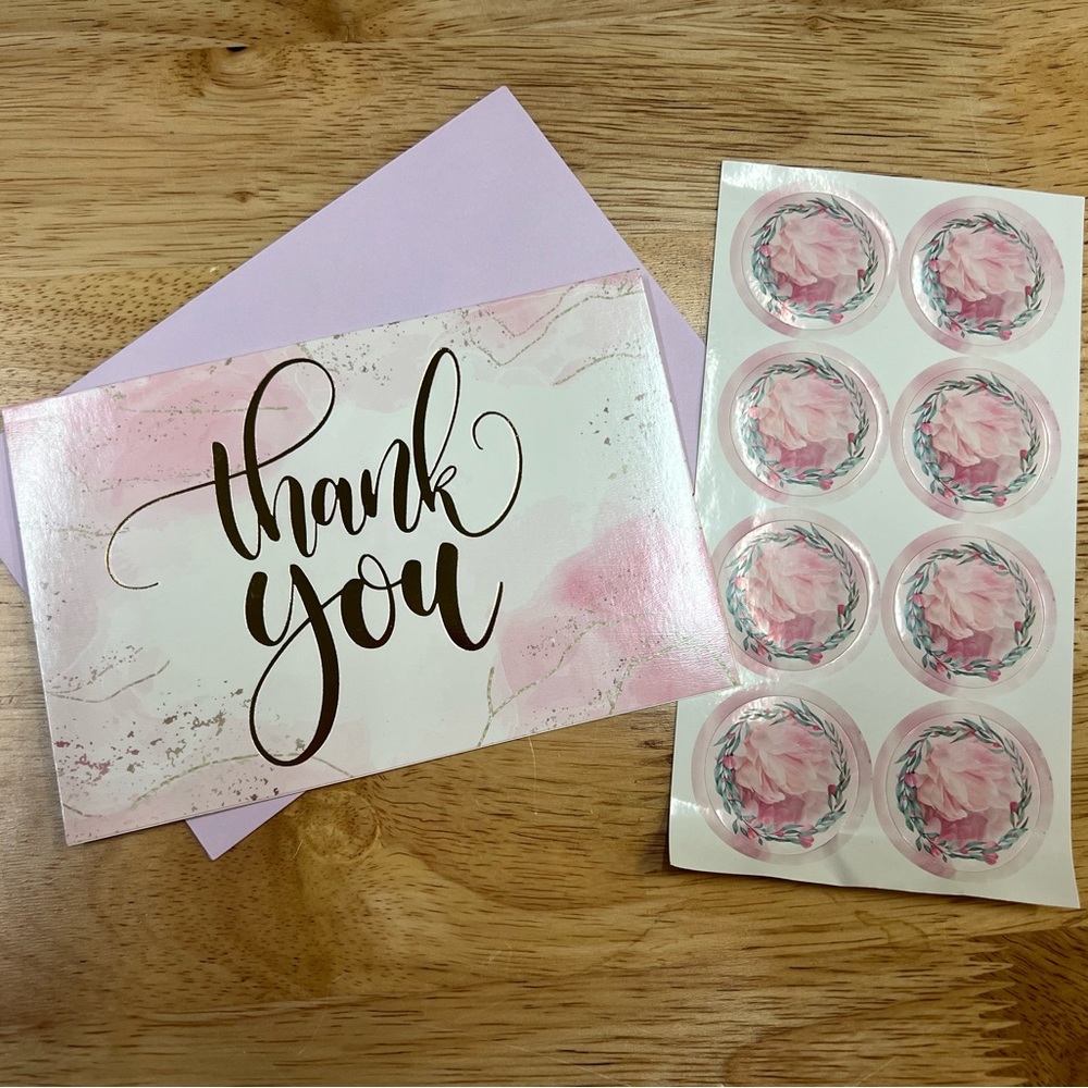 NEW 4x6" Pink w/Gold Foil "THANK YOU" w/Lavender Envelopes & Stickers Qty 39